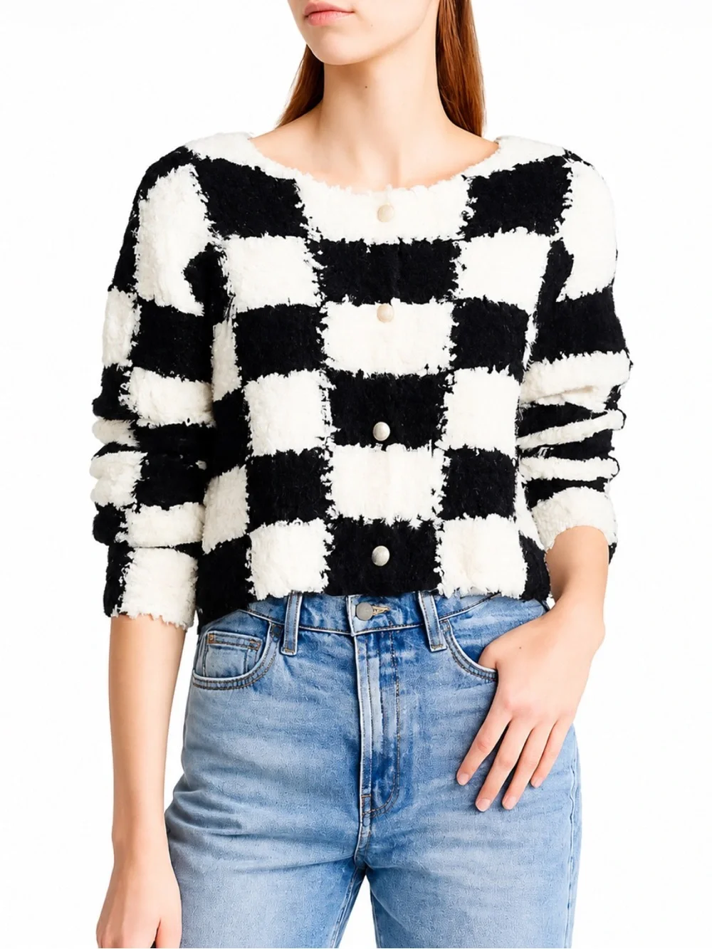 Moon River Checkerboard Fuzzy Cropped Cozy Cardigan Sweater Black/Ivory XS NWT!